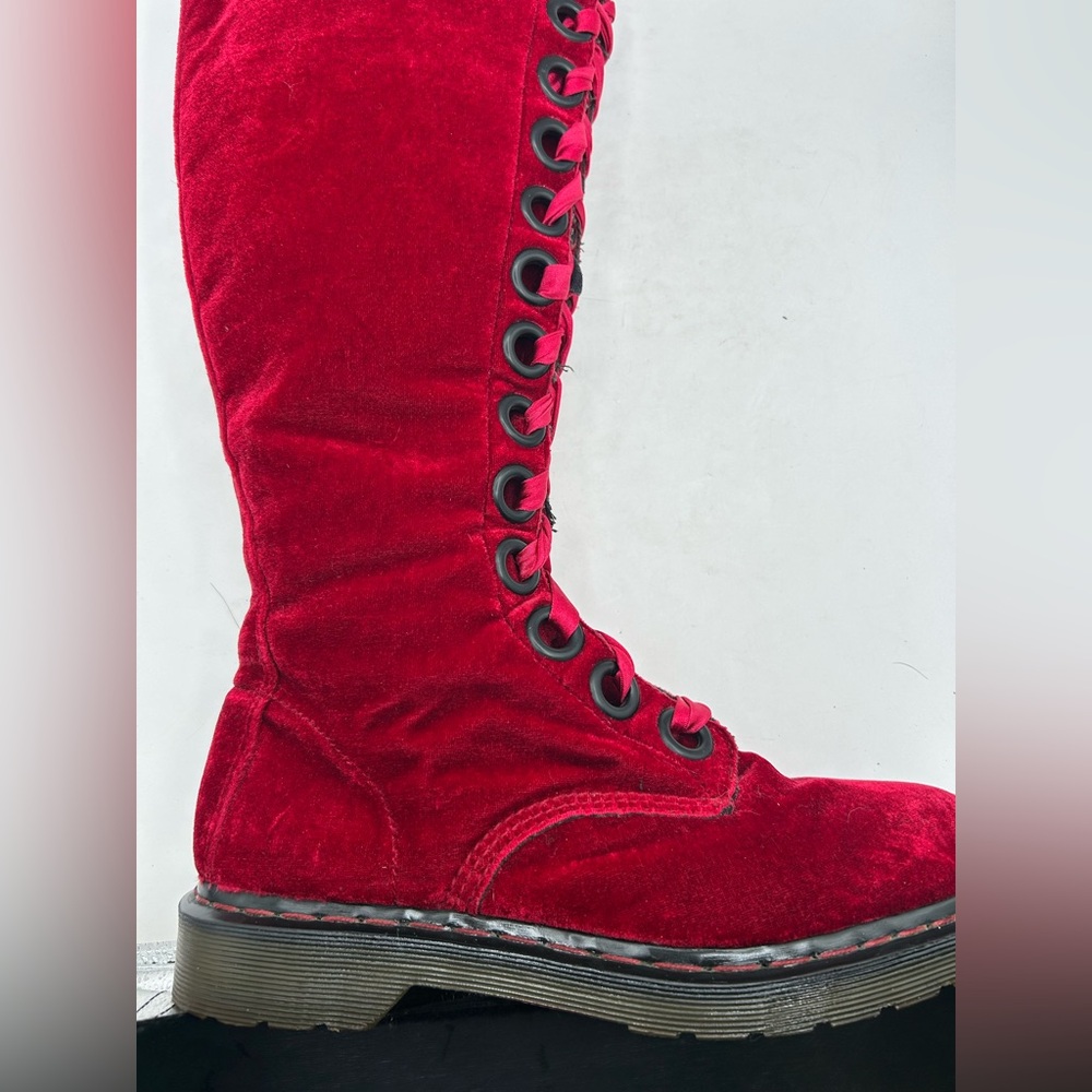 RARE Dr Martens red velvet  20 eye tall knee high zip Combat boots Men10 Women11 - Picture 14 of 16